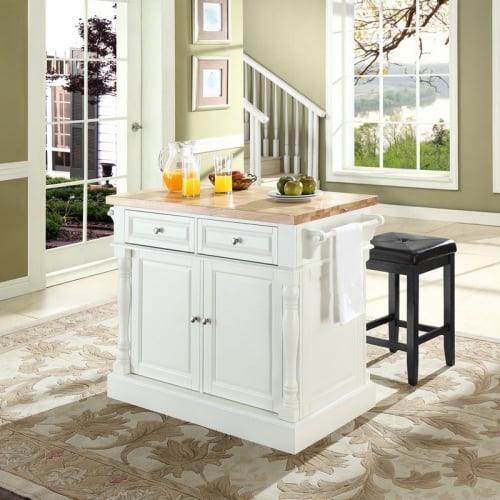 Oxford Kitchen Island Set in White & Butcher Block & Black Leatherette Stools