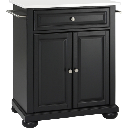 Alexandria Portable Kitchen Island Cart in Black Finish with White Granite Top