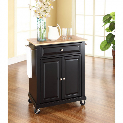 Cuisine Compact 28" Kitchen Cart Island in Black Finish w/ Natural Wood Top