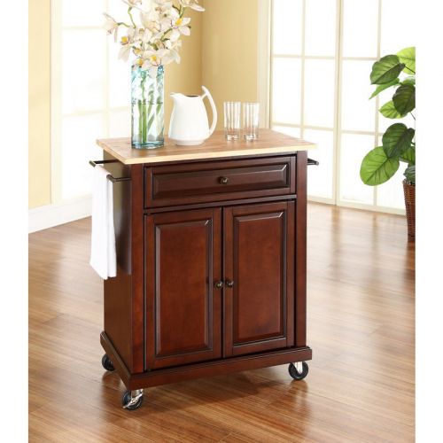 Cuisine Compact 28" Kitchen Cart Island in Vintage Mahogany Finish w/ Natural Wood Top