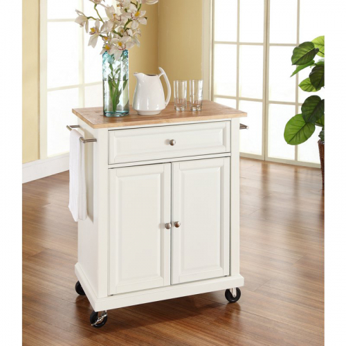 Cuisine Compact 28" Kitchen Cart Island in White Finish with Natural Wood Top