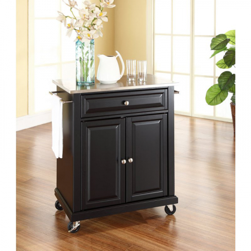 Cuisine Compact 28" Kitchen Cart Island in Black Finish w/ Stainless Steel Top