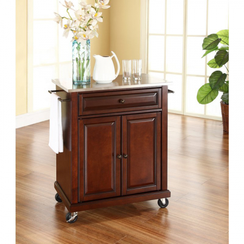 Cuisine Compact 28" Kitchen Cart Island in Vintage Mahogany Finish w/ Stainless Steel Top