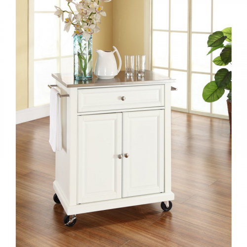 Cuisine Compact 28" Kitchen Cart Island in White Finish w/ Stainless Steel Top