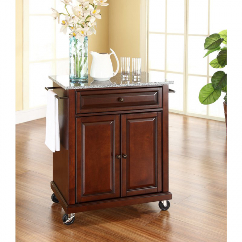 Cuisine Compact 28" Kitchen Cart in Vintage Mahogany Finish w/ Salt & Pepper Granite Top