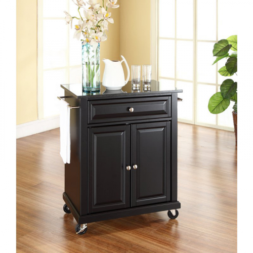 Cuisine Compact 28" Kitchen Cart Island in Black Finish w/ Solid Black Granite Top