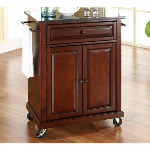 Cuisine Compact 28" Kitchen Cart Island in Vintage Mahogany Finish w/ Solid Black Granite Top