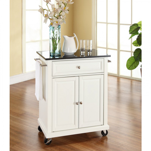 Cuisine Compact 28" Kitchen Cart Island in White Finish w/ Solid Black Granite Top