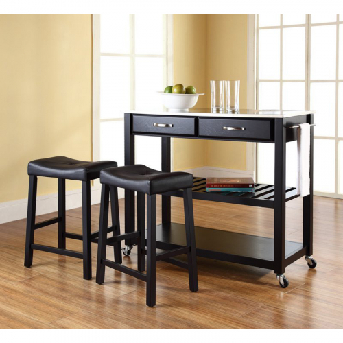 Kitchen Cart Island in Black Finish w/ 24" Black Leatherette Saddle Stools