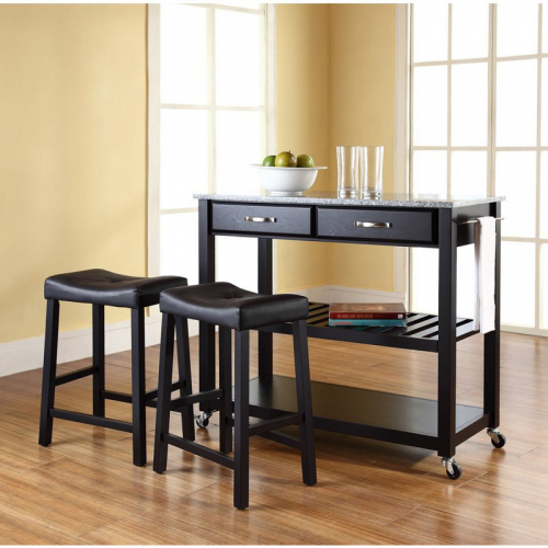 Kitchen Prep Cart in Black Finish with Gray Granite & 24" Black Leatherette Stools