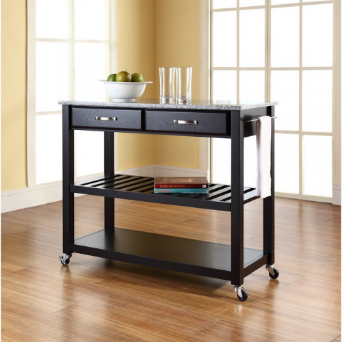 Kitchen Prep Cart Island in Black Finish with Salt & Pepper Granite Top