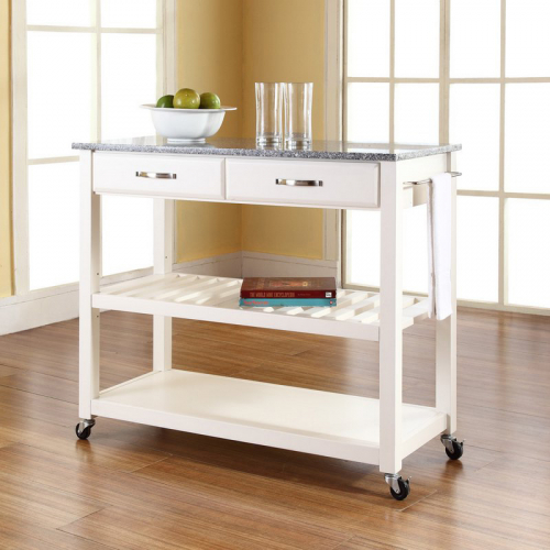 Kitchen Prep Cart in White Finish with Gray Granite Top