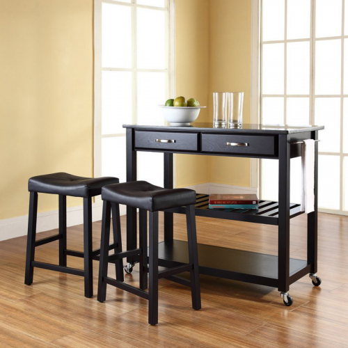 Kitchen Cart Island in Black Finish with Black Granite Top & 24" Black Leatherette Stools