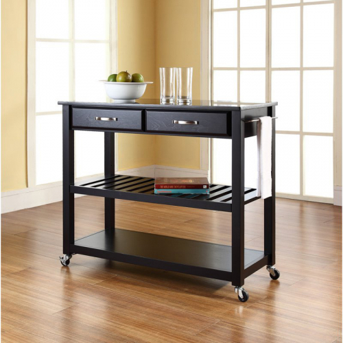 Kitchen Prep Cart Island in Black with Solid Black Granite Top