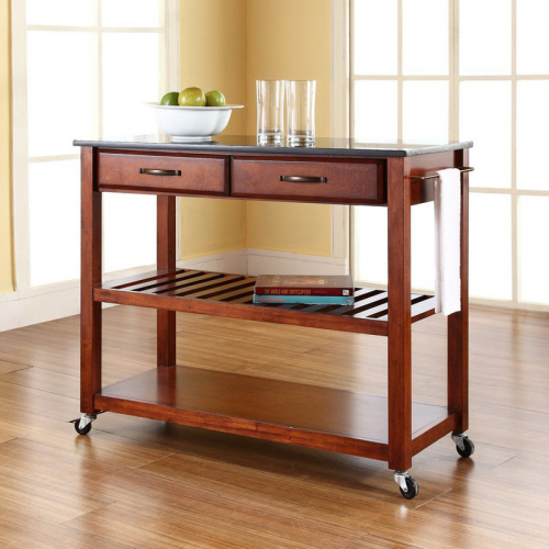 Kitchen Prep Cart Island in Classic Cherry with Solid Black Granite Top