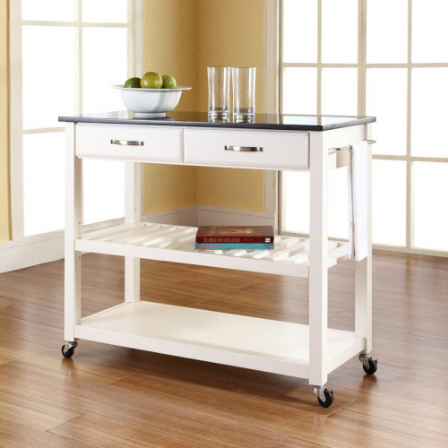 Kitchen Prep Cart Island in White with Solid Black Granite Top
