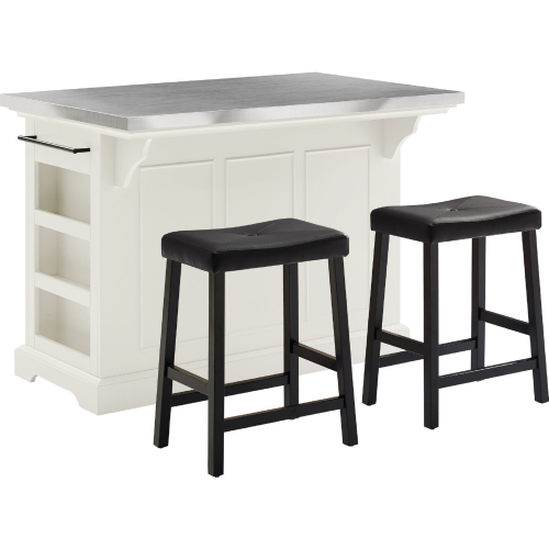 Julia Kitchen Island Set w/ 2 Counter Stools in White, Black & Stainless Steel