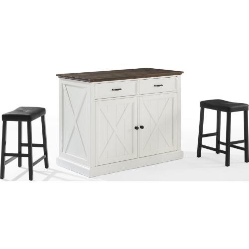 Clifton Kitchen Island Set Distressed White & Black w/ Saddle Stools