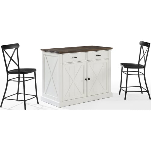 Clifton Kitchen Island Set in Distressed White & Black w/ Camille Stools