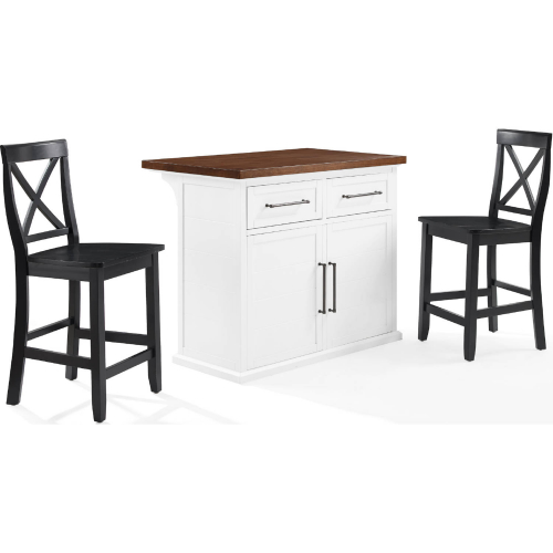 Bartlett Kitchen Island Set in White, Wood & Black