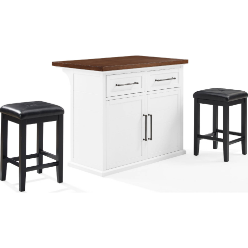 Bartlett Kitchen Island Set in White, Wood, Black & Black Leatherette