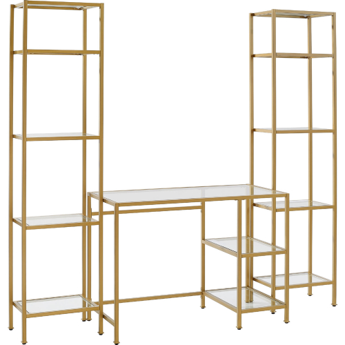 Aimee Desk in & Etagere Set in Gold Finish Steel & Tempered Glass