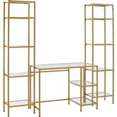 Aimee Desk in & Etagere Set in Gold Finish Steel & Tempered Glass