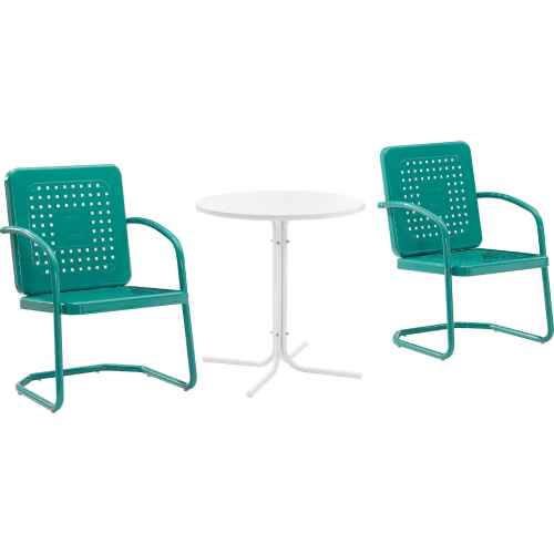 Bates 3 Piece Outdoor Bistro Table & 2 Chair Set in Turquoise Gloss & White Satin Steel