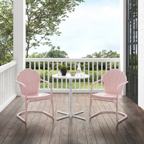 Tulip 3 Piece Outdoor Bistro Table & 2 Chairs Set in Pink Gloss & White Steel