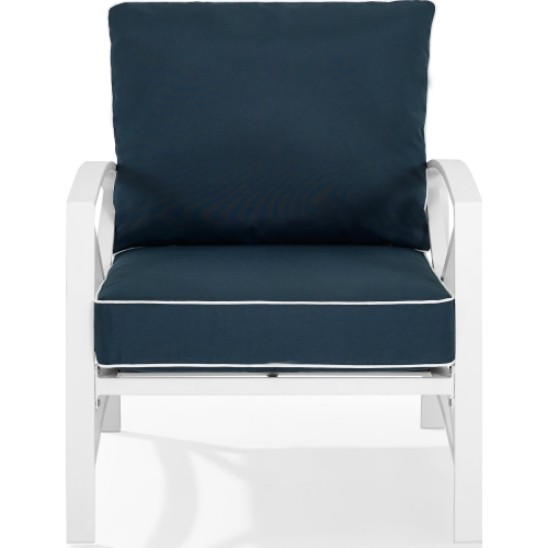 Kaplan Outdoor Arm Chair in White Metal w/ Navy Cushions