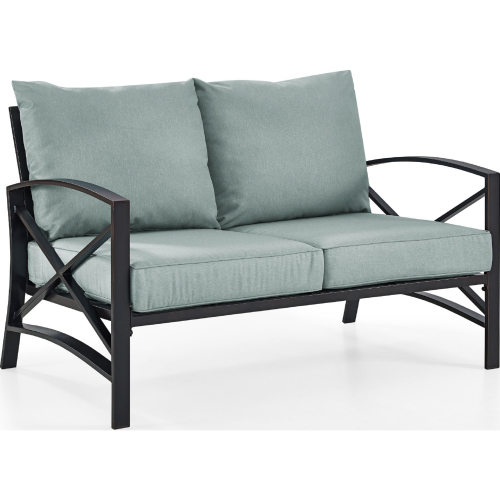 Kaplan Outdoor Loveseat in Oiled Bronze Steel w/ Mist Cushions