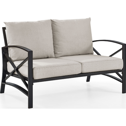 Kaplan Outdoor Loveseat in Oiled Bronze Steel with Oatmeal Cushions