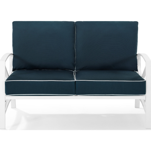 Kaplan Outdoor Loveseat in White Steel w/ Navy Cushions