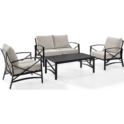 Kaplan 4 Piece Outdoor Loveseat Set in Oiled Bronze Steel w/ Oatmeal Cushions