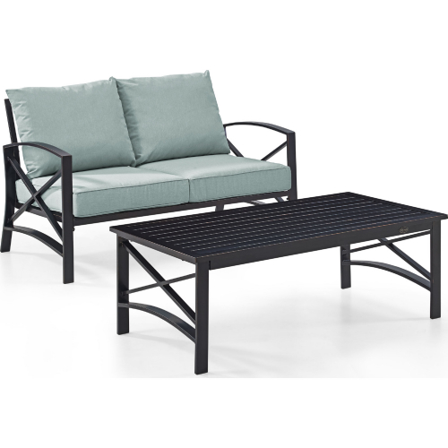 Kaplan 2 Piece Outdoor Loveseat Set in Oiled Bronze Steel with Mist Cushions