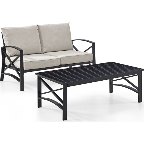 Kaplan 2 Piece Outdoor Loveseat Set in Oiled Bronze Steel w/ Oatmeal Cushion