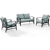 Kaplan 3 Piece Outdoor Loveseat Set in Oiled Bronze Steel w/ Mist Cushions