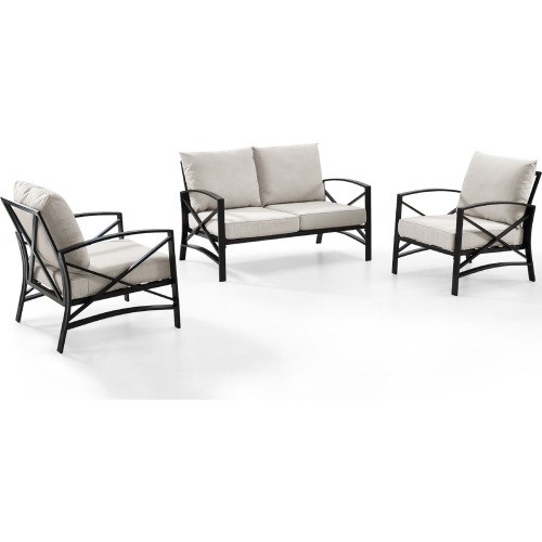 Kaplan 3 Piece Outdoor Loveseat Set in Oiled Bronze Steel w/ Oatmeal Cushion