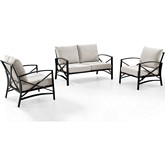 Kaplan 3 Piece Outdoor Loveseat Set in Oiled Bronze Steel with Oatmeal Cushion