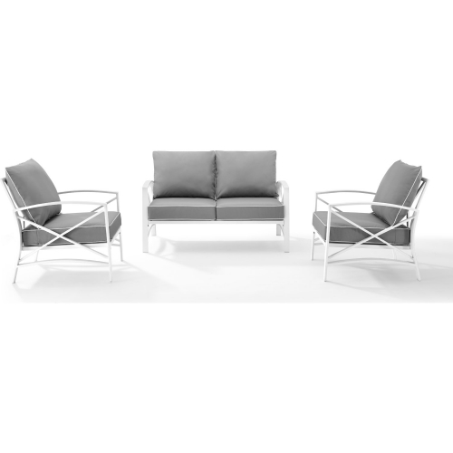 Kaplan 3 Piece Outdoor Loveseat Set in White Metal w/ Grey Cushions