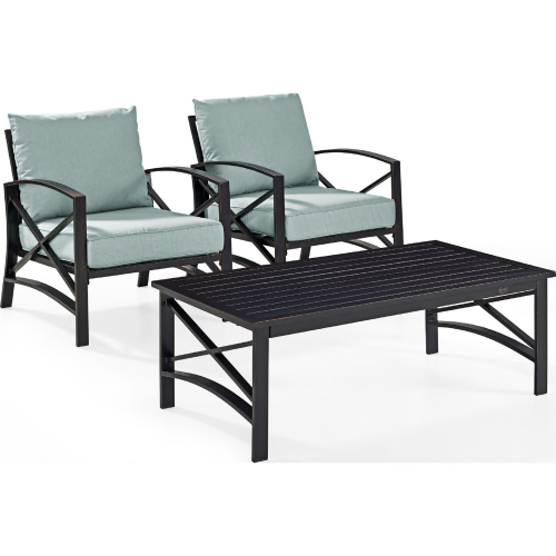 Kaplan 3 Piece Outdoor Arm Chair Set in Oiled Bronze Steel w/ Mist Cushions