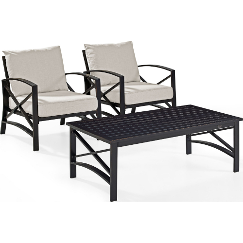 Kaplan 3 Piece Outdoor Arm Chair Set in Oiled Bronze Steel w/ Oatmeal Cushions