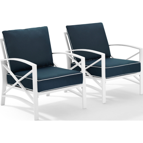 Kaplan 2 Piece Outdoor Accent Chair Set in White Steel w/ Navy Blue Cushions