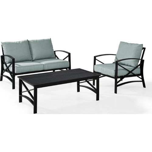 Kaplan 3 Piece Outdoor Loveseat Set in Oiled Bronze Steel w/ Mist Cushions