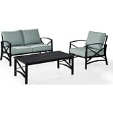 Kaplan 3 Piece Outdoor Loveseat Set in Oiled Bronze Steel w/ Mist Cushions