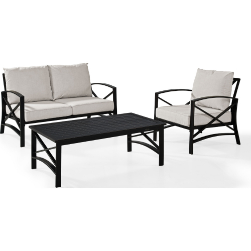 Kaplan 3 Piece Outdoor Loveseat Set in Oiled Bronze Steel w/ Oatmeal Cushion