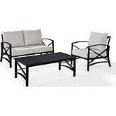 Kaplan 3 Piece Outdoor Loveseat Set in Oiled Bronze Steel with Oatmeal Cushion