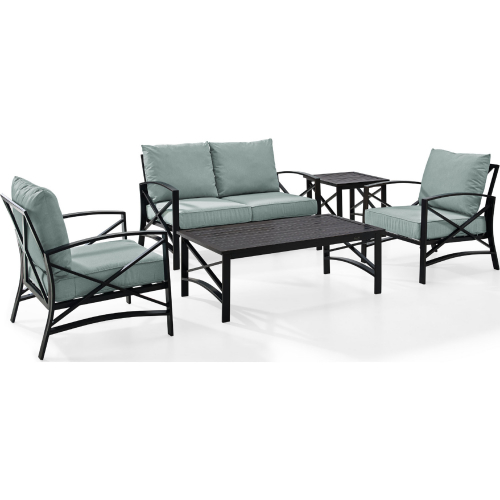 Kaplan 5 Piece Outdoor Loveseat Set in Oiled Bronze Steel w/ Mist Cushions