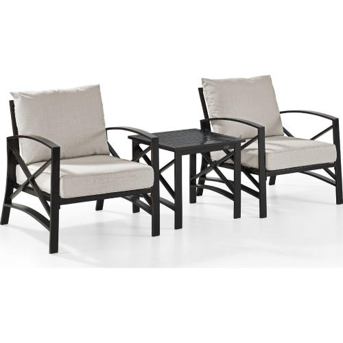 Kaplan 3 Piece Outdoor Arm Chair Set in Oiled Bronze Steel w/ Oatmeal Cushions