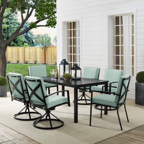 Kaplan 7 Piece Outdoor Dining Set in Oil Rubbed Bronze & Mist Cushions